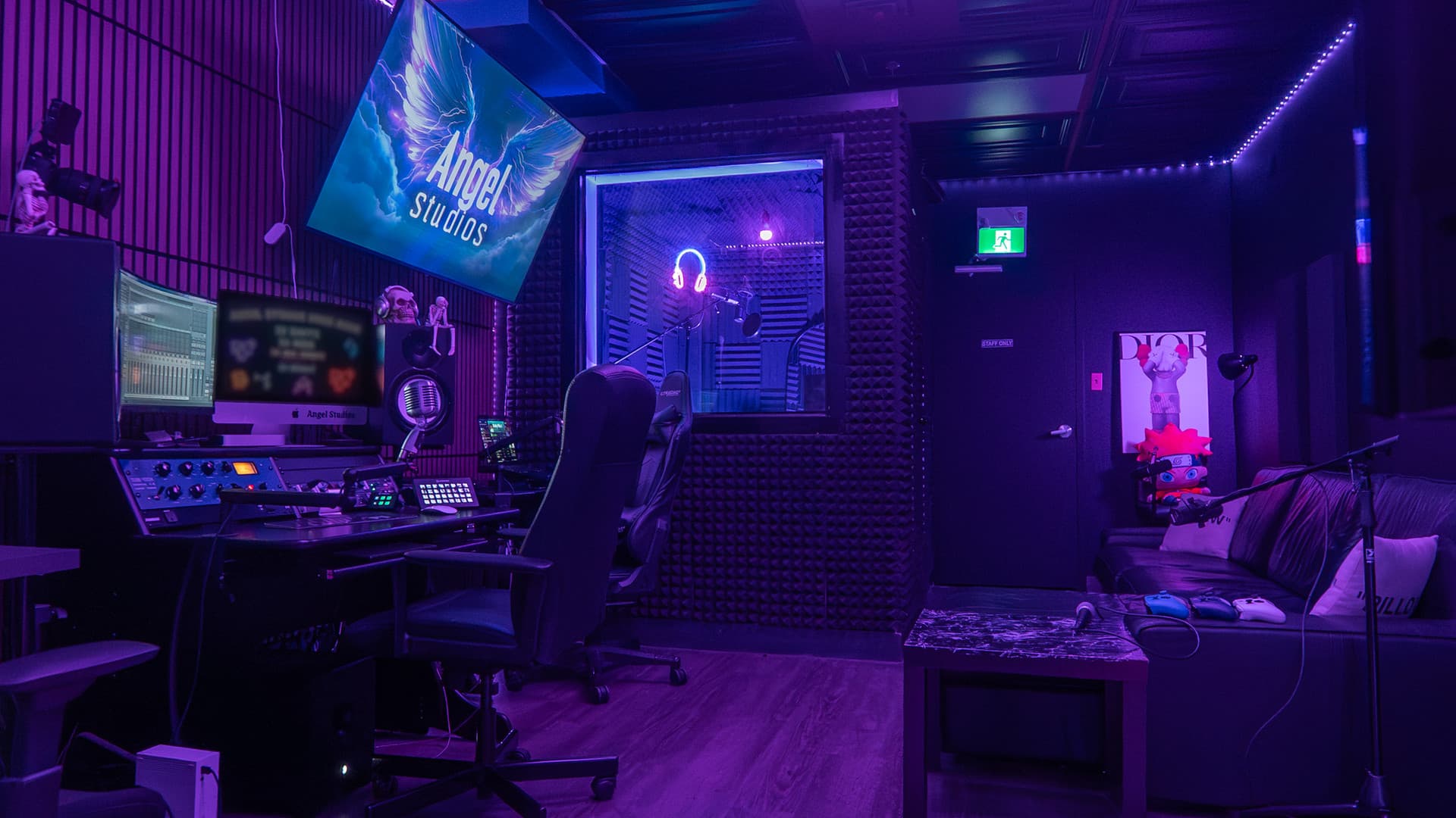 Lush Recording Studio recording booth — Sony C800G, Neumann U87, purple LED wash