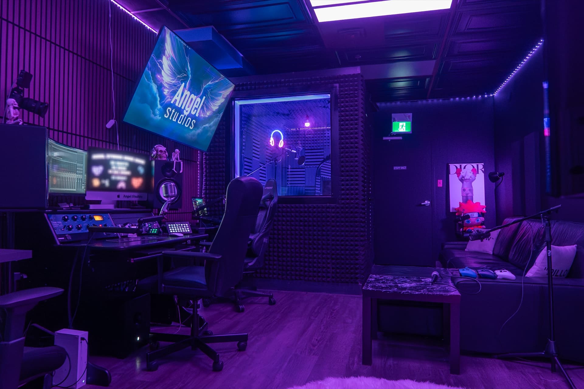 Lush Recording Studio control room — console, booth, and adjoining private lounge